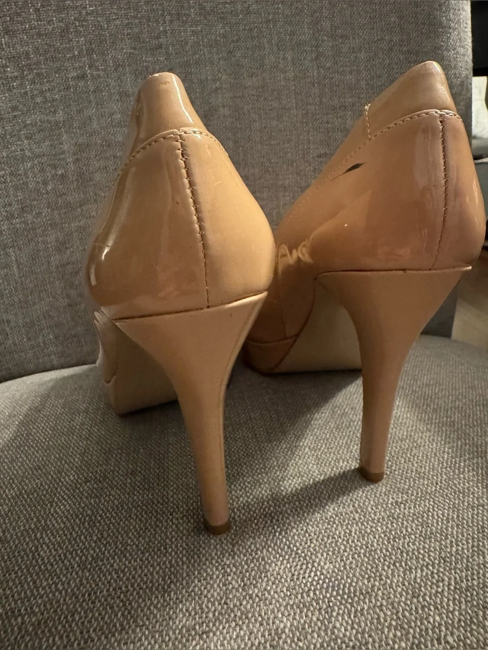 Nine West Nude Patent Leather Peep-Toe Platform Heels – Size 7
